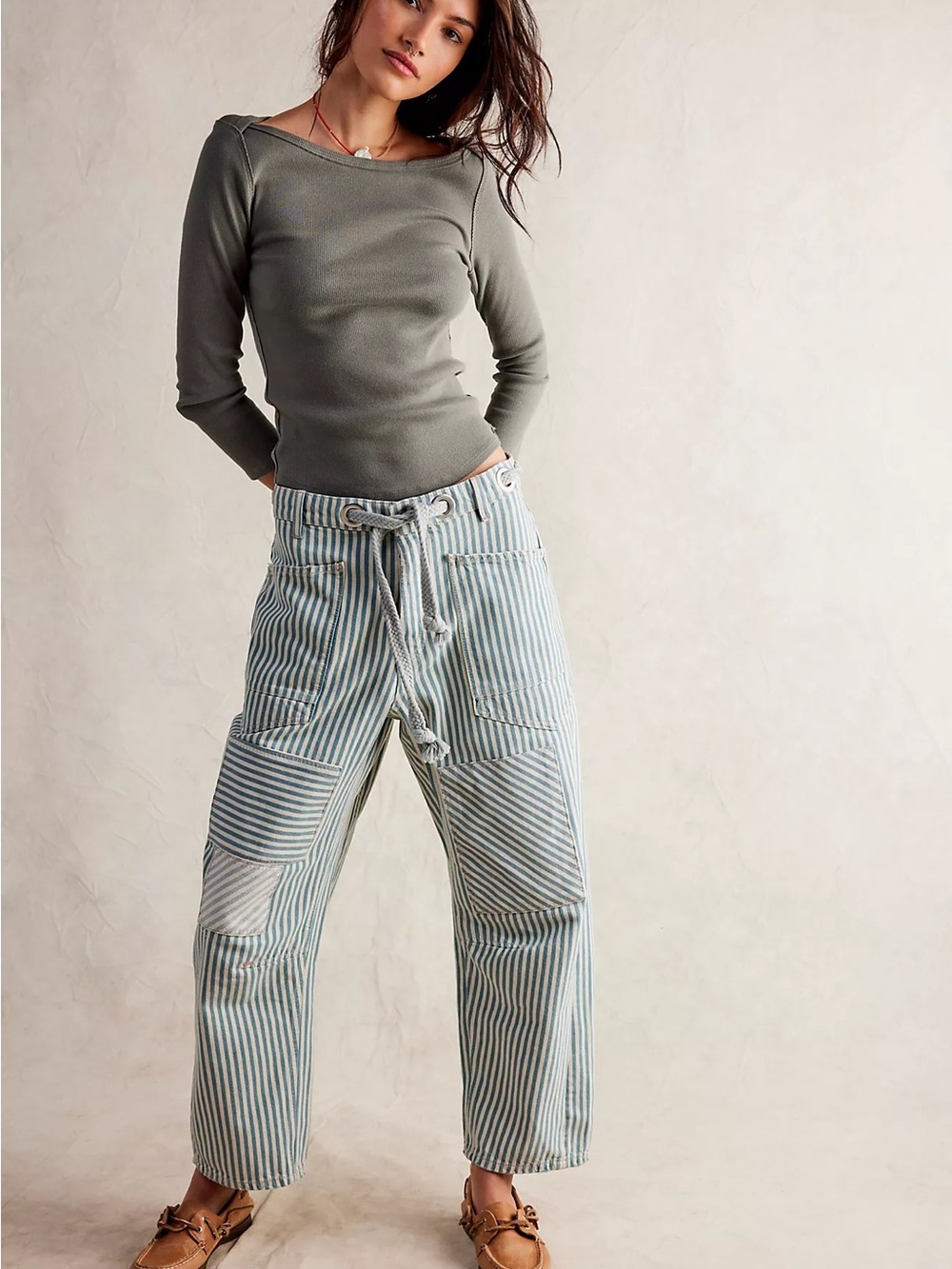 We The Free Light Blue & White Striped Patchwork Wide-Leg Pants